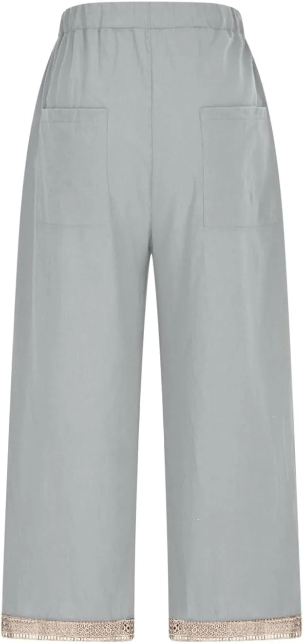 Cotton Linen Pants for Women 2025 Wide Leg Capri Palazzo Lounge Trousers High Waist Drawstring Flowy Pant