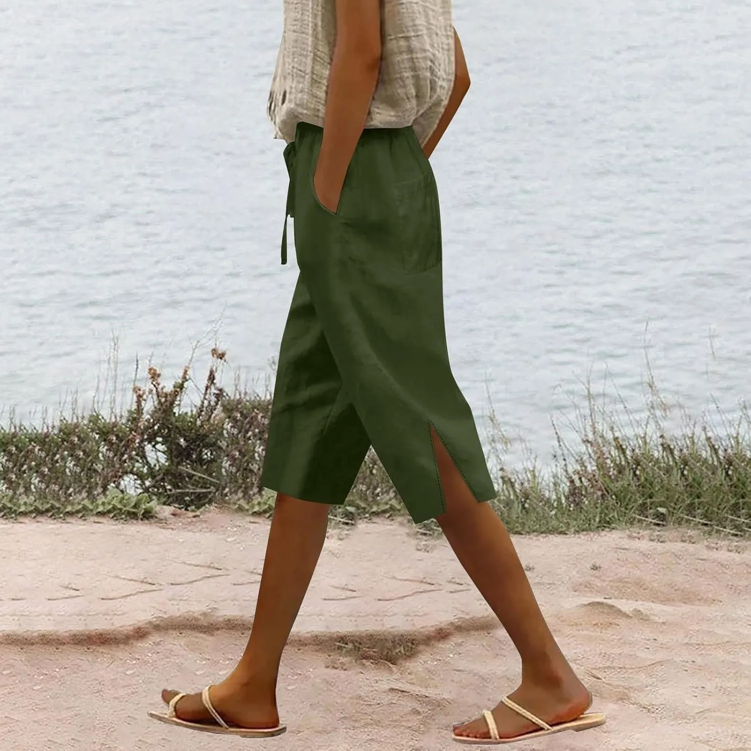 Cotton Linen Pants Summer Capri Pants for Women Straight Wide Leg Cropped Trousers with Elastic Drawstring Waist