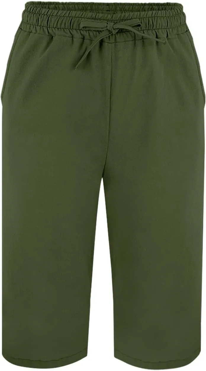 Cotton Linen Pants Summer Capri Pants for Women Straight Wide Leg Cropped Trousers with Elastic Drawstring Waist