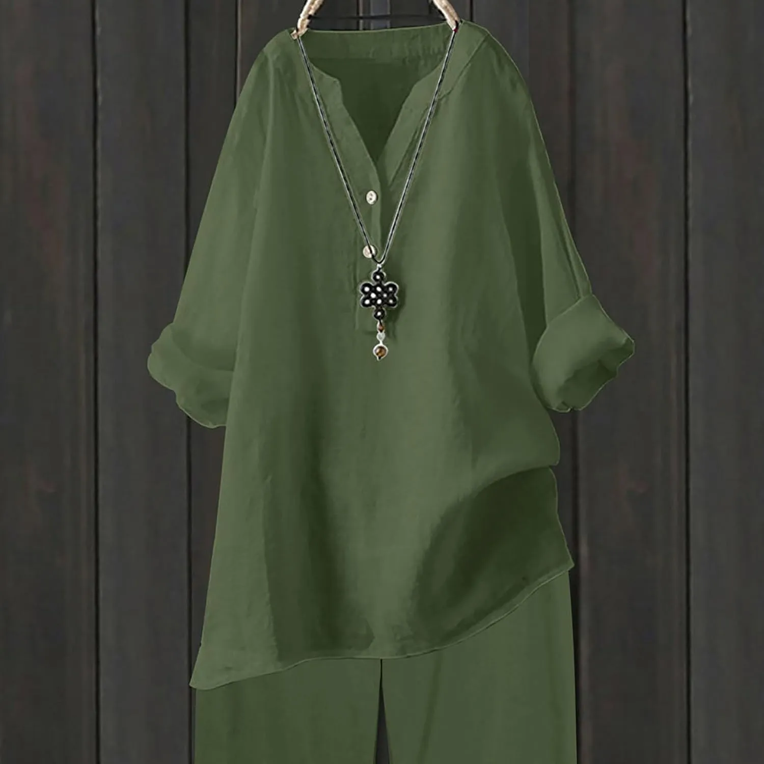 Cotton Linen Shirts for Women Summer 3/4 Sleeve Tops Casual V Neck Basic Tee Plus Size Henley Blouses Trendy Outfits