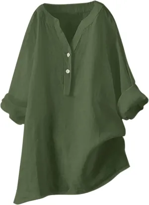 Cotton Linen Shirts for Women Summer 3/4 Sleeve Tops Casual V Neck Basic Tee Plus Size Henley Blouses Trendy Outfits