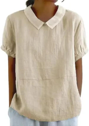 Cotton Linen Shirts for Women Summer Short Sleeve Casual Collared Work Blouse Tunic Tos