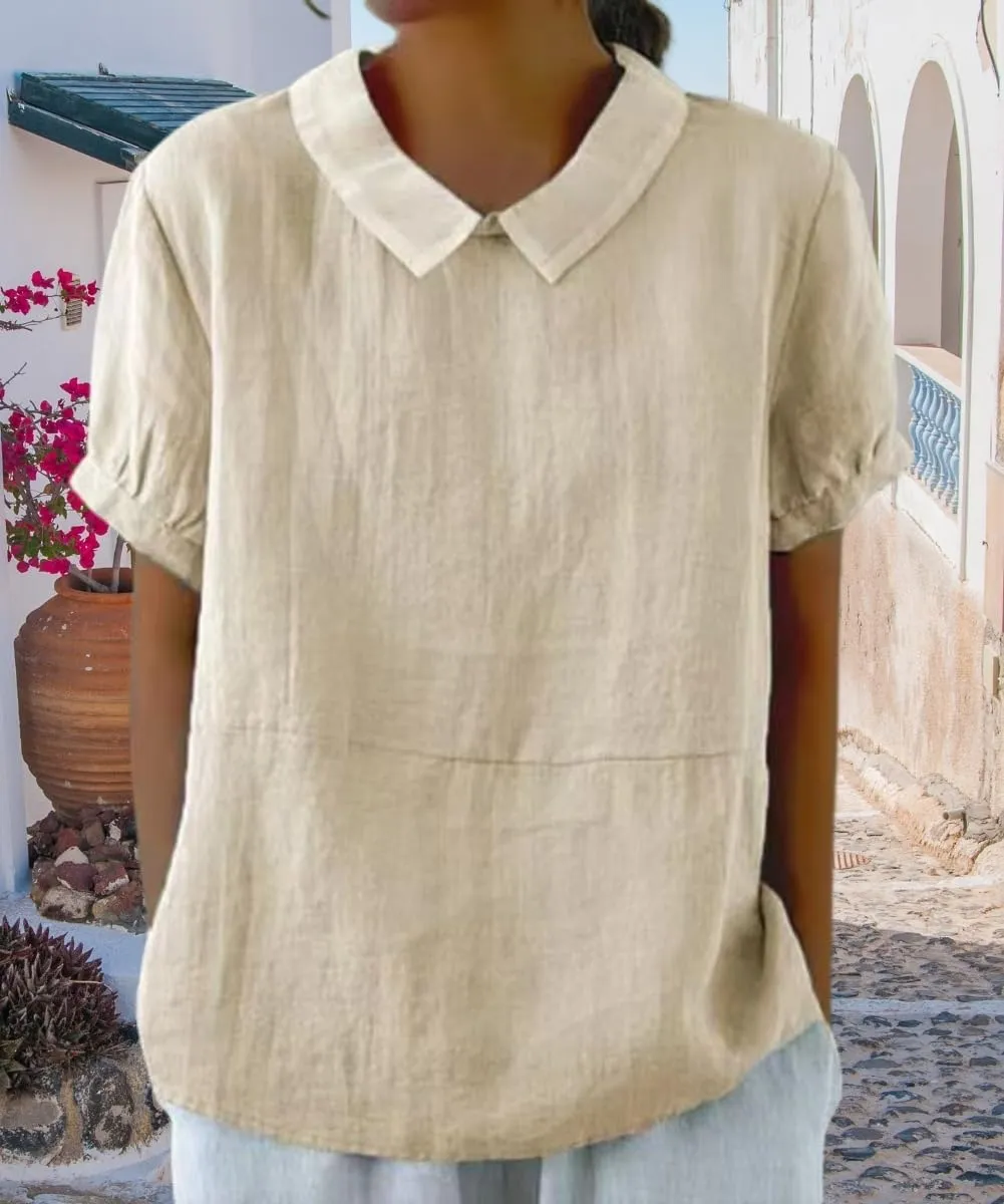 Cotton Linen Shirts for Women Summer Short Sleeve Casual Collared Work Blouse Tunic Tos