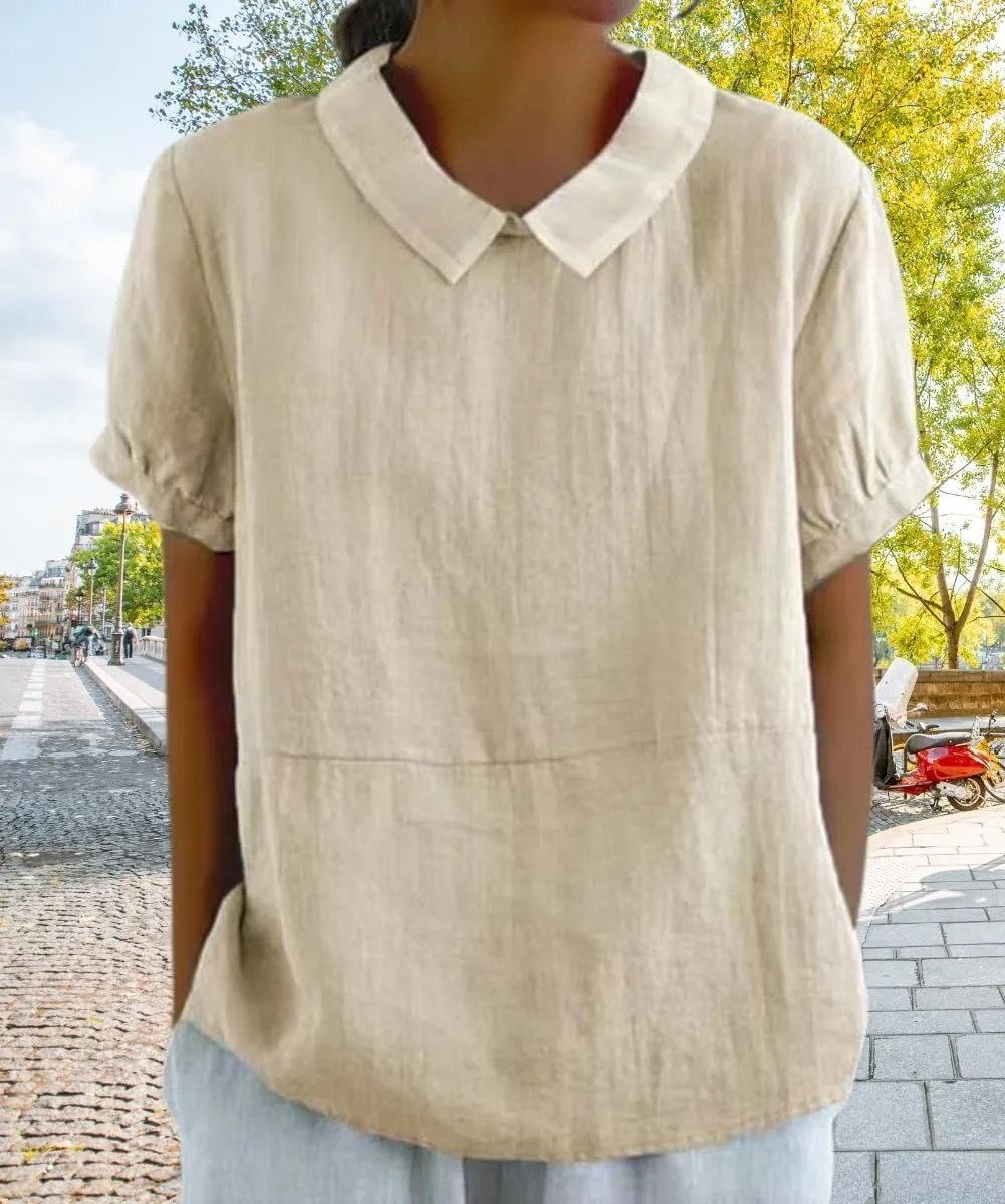 Cotton Linen Shirts for Women Summer Short Sleeve Casual Collared Work Blouse Tunic Tos
