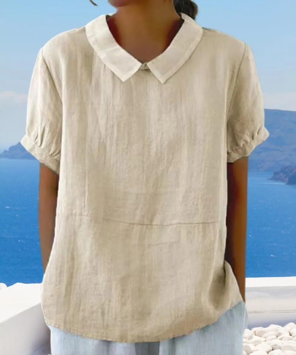 Cotton Linen Shirts for Women Summer Short Sleeve Casual Collared Work Blouse Tunic Tos