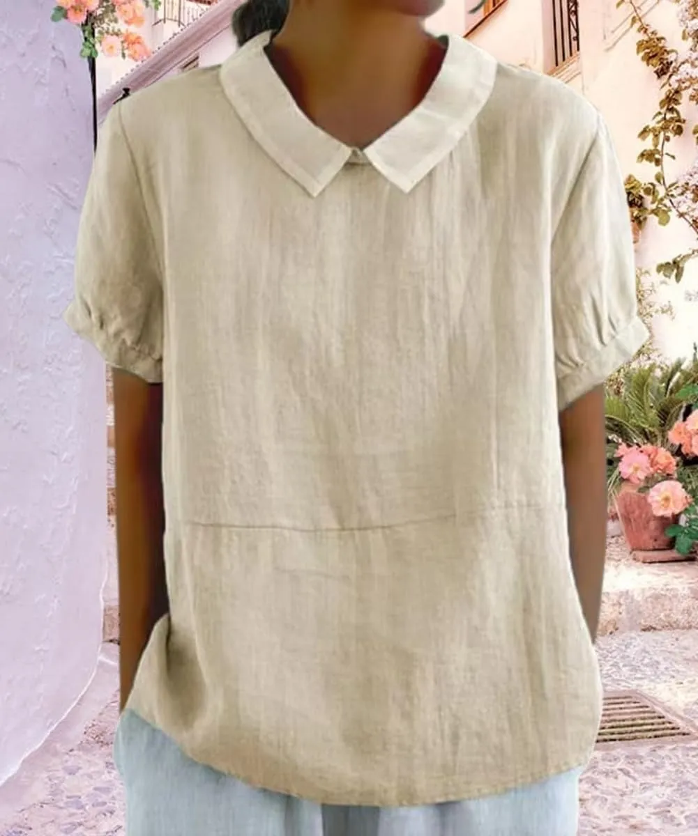 Cotton Linen Shirts for Women Summer Short Sleeve Casual Collared Work Blouse Tunic Tos