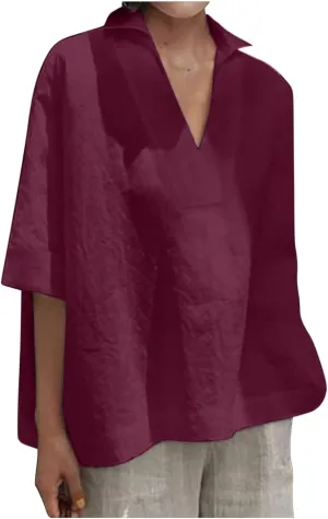 Cotton Linen Tops for Women 3/4 Sleeve Solid Color Plain Shirts Crewneck Vintage Blouse Shirts Plus Size Tees T-Shirt