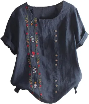 Cotton Linen Tops for Women Casual Loose Fit Plus Size Roll Up Short Sleeve T Shirt Summer Embroidered Floral Blouse