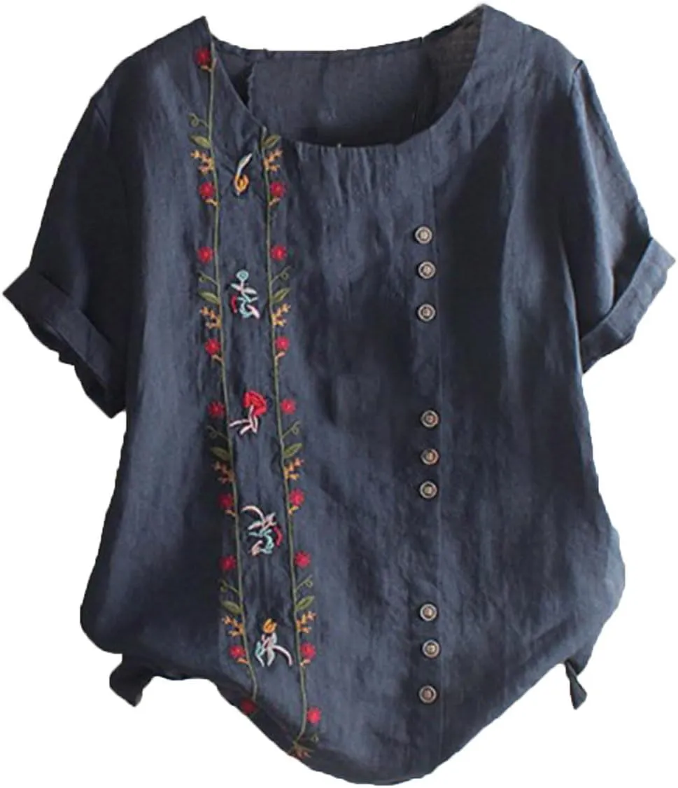 Cotton Linen Tops for Women Casual Loose Fit Plus Size Roll Up Short Sleeve T Shirt Summer Embroidered Floral Blouse