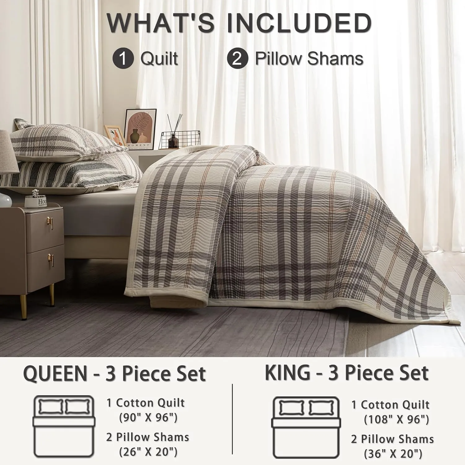 Cotton Plaid Quilt Set, Ultra Soft 3 Pieces King Size Bedding with 2 Pillow Shams, Lightweight Reversible Coverlet Bedspread with Wave Quilting for Summer, 108"x96", Grid-Grey White