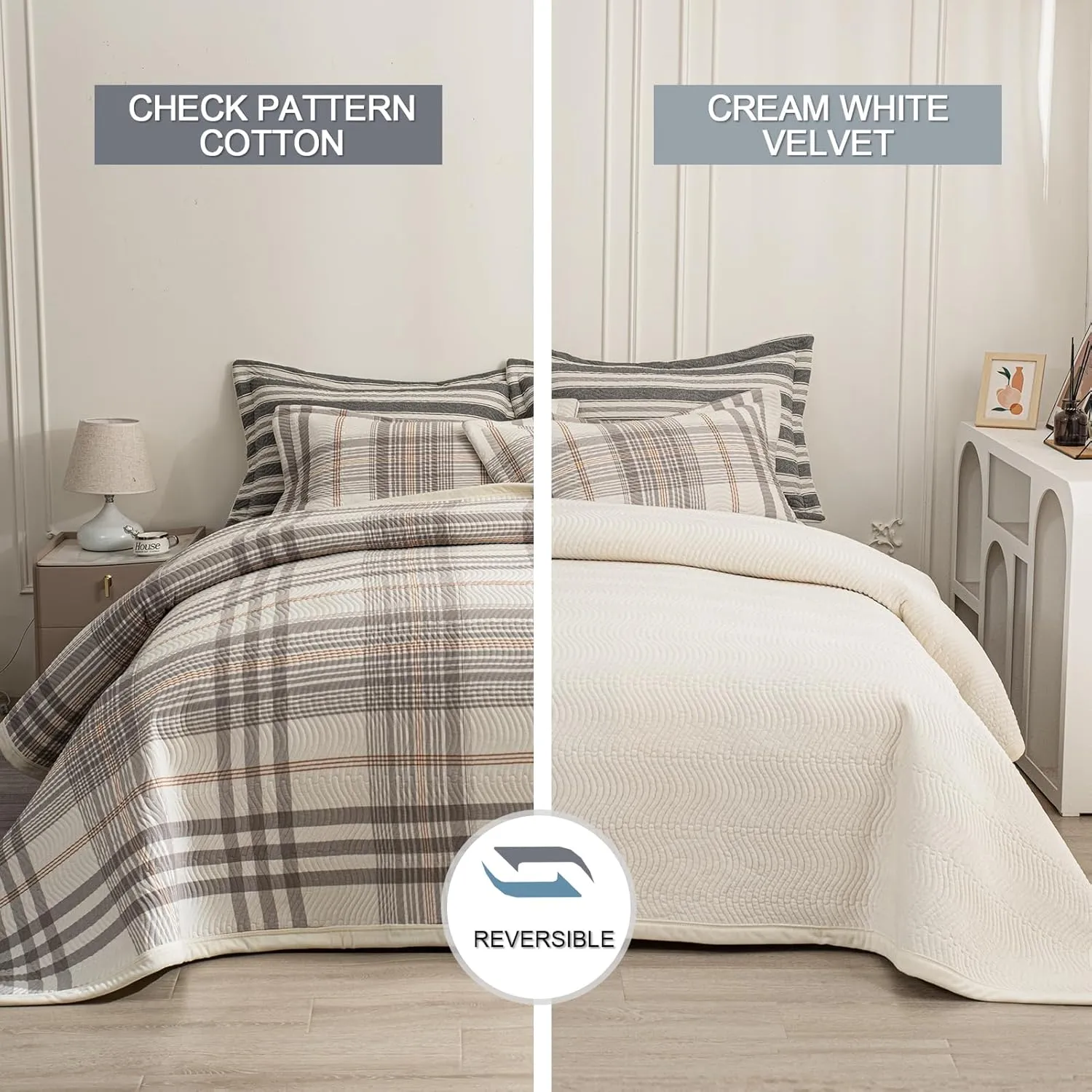 Cotton Plaid Quilt Set, Ultra Soft 3 Pieces King Size Bedding with 2 Pillow Shams, Lightweight Reversible Coverlet Bedspread with Wave Quilting for Summer, 108"x96", Grid-Grey White