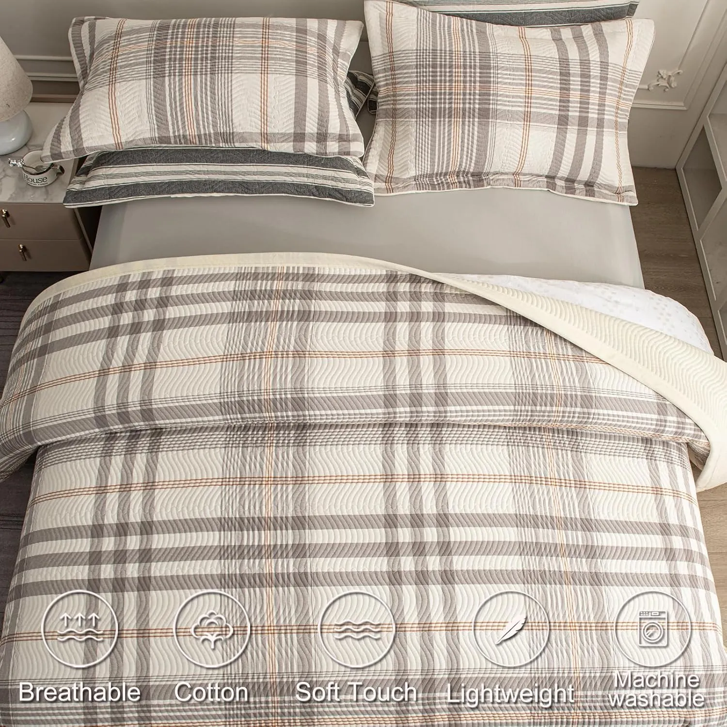 Cotton Plaid Quilt Set, Ultra Soft 3 Pieces King Size Bedding with 2 Pillow Shams, Lightweight Reversible Coverlet Bedspread with Wave Quilting for Summer, 108"x96", Grid-Grey White
