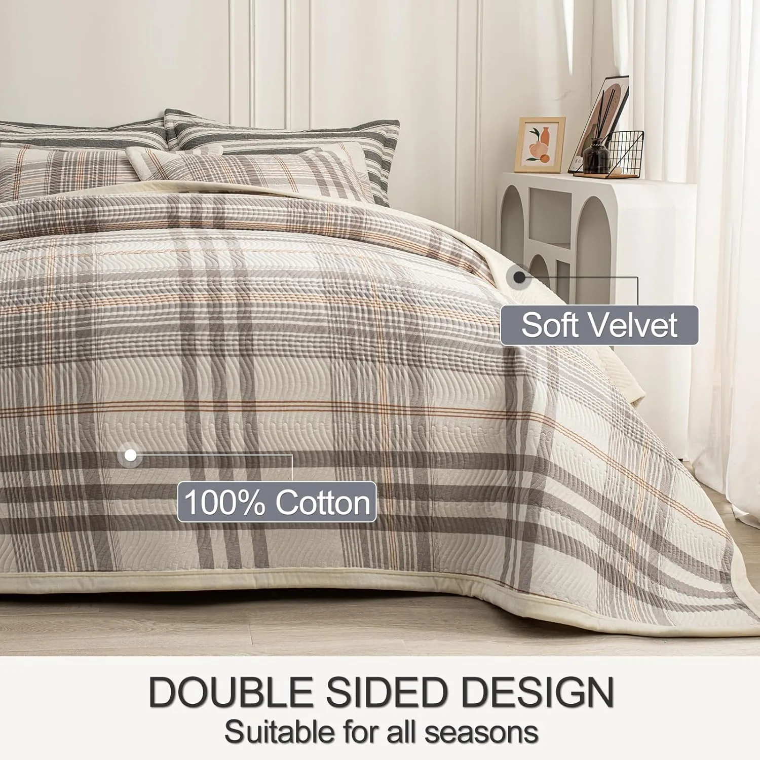 Cotton Plaid Quilt Set, Ultra Soft 3 Pieces King Size Bedding with 2 Pillow Shams, Lightweight Reversible Coverlet Bedspread with Wave Quilting for Summer, 108"x96", Grid-Grey White