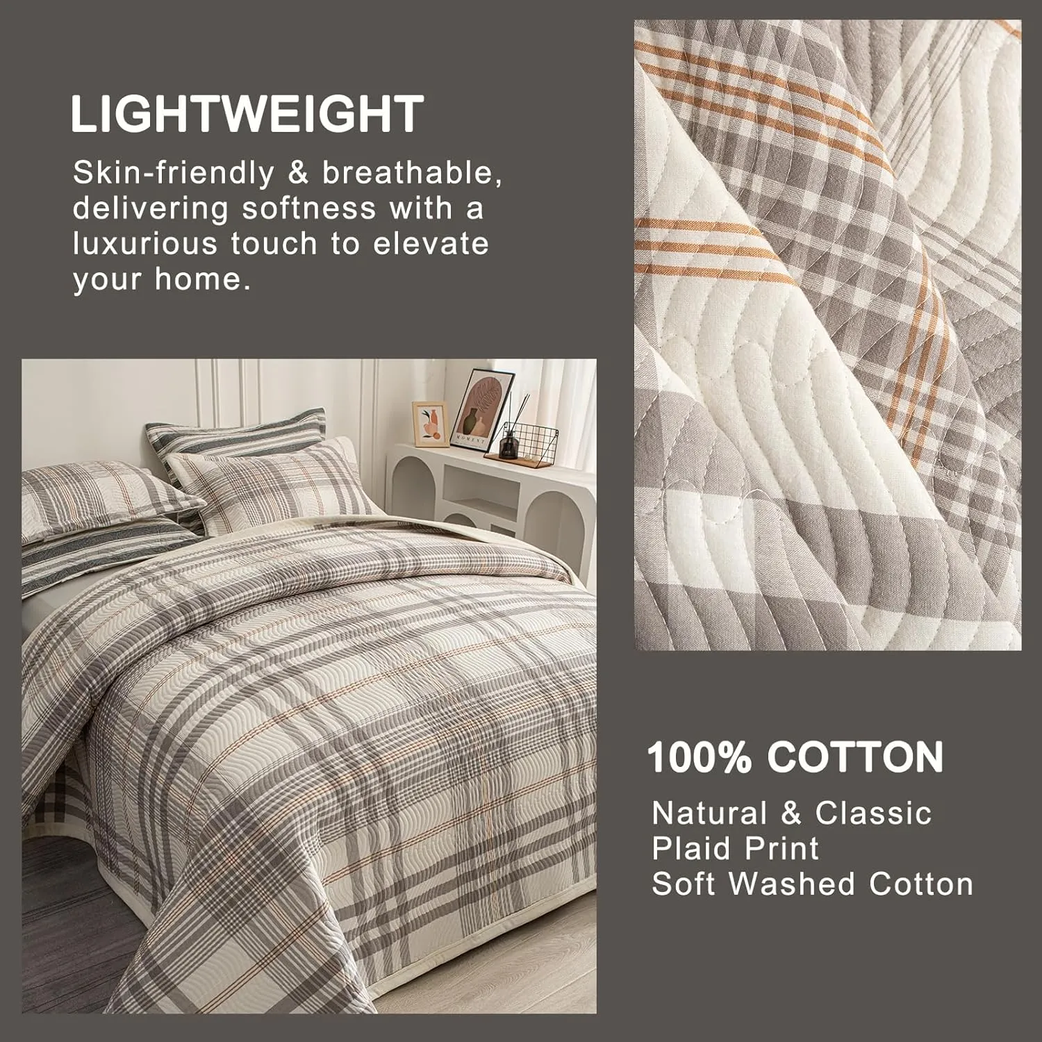 Cotton Plaid Quilt Set, Ultra Soft 3 Pieces King Size Bedding with 2 Pillow Shams, Lightweight Reversible Coverlet Bedspread with Wave Quilting for Summer, 108"x96", Grid-Grey White