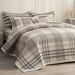Cotton Plaid Quilt Set, Ultra Soft 3 Pieces King Size Bedding with 2 Pillow Shams, Lightweight Reversible Coverlet Bedspread with Wave Quilting for Summer, 108"x96", Grid-Grey White
