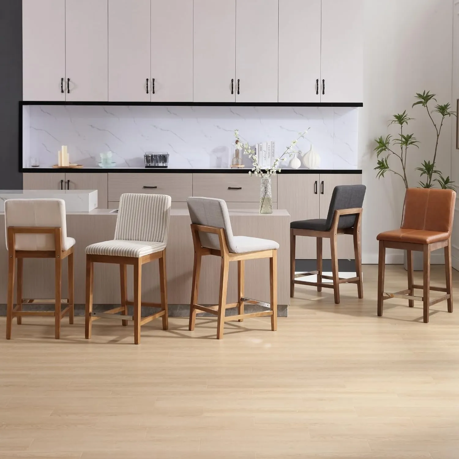 Counter Height Bar Stools Set of 2 Linen Upholstered Kitchen Island Stools with Back and Distressed Wood Legs 26" Mid Century Breakfast Stool Chairs for Home Bar/Patio, Charcoal