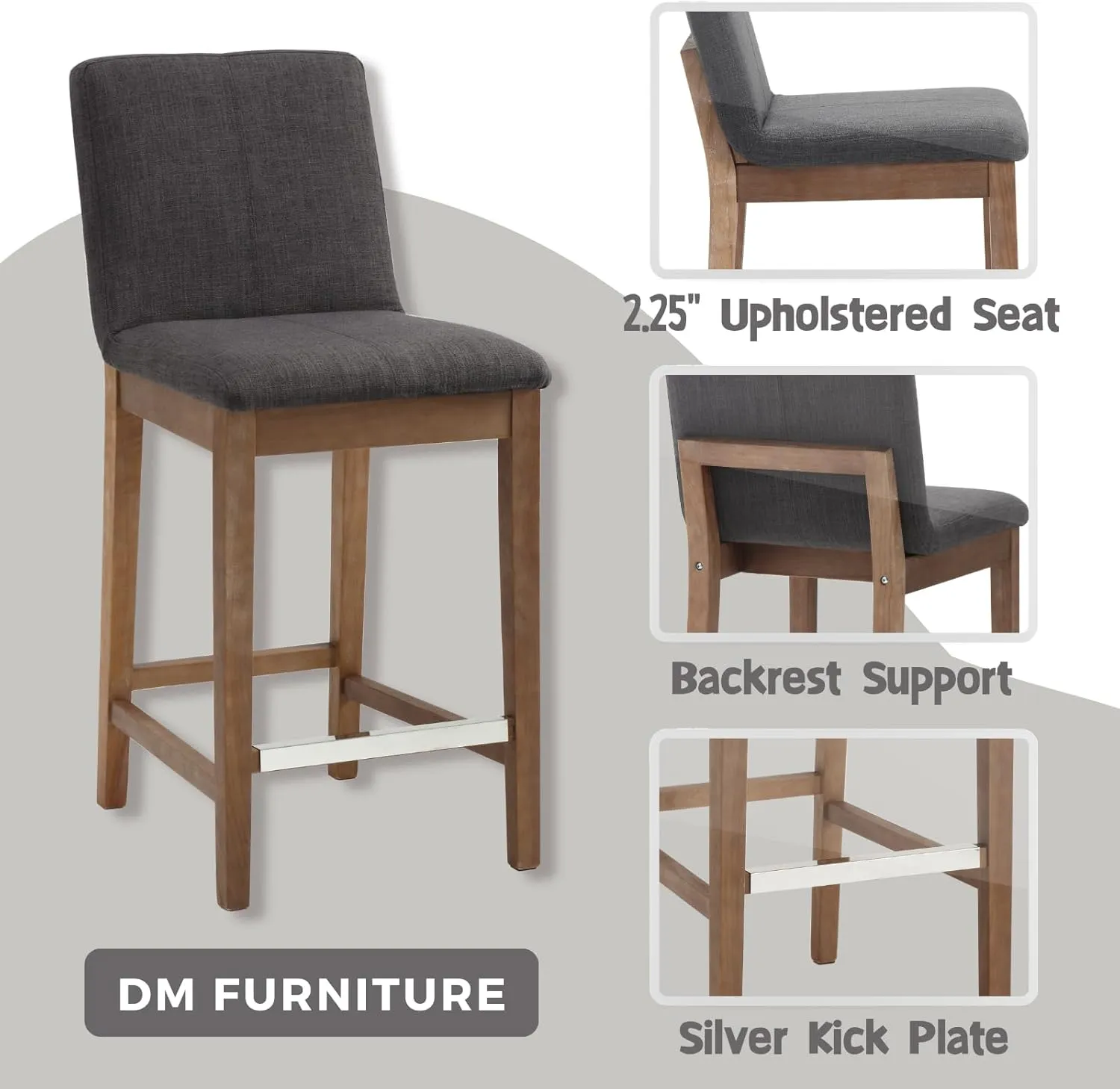 Counter Height Bar Stools Set of 2 Linen Upholstered Kitchen Island Stools with Back and Distressed Wood Legs 26" Mid Century Breakfast Stool Chairs for Home Bar/Patio, Charcoal