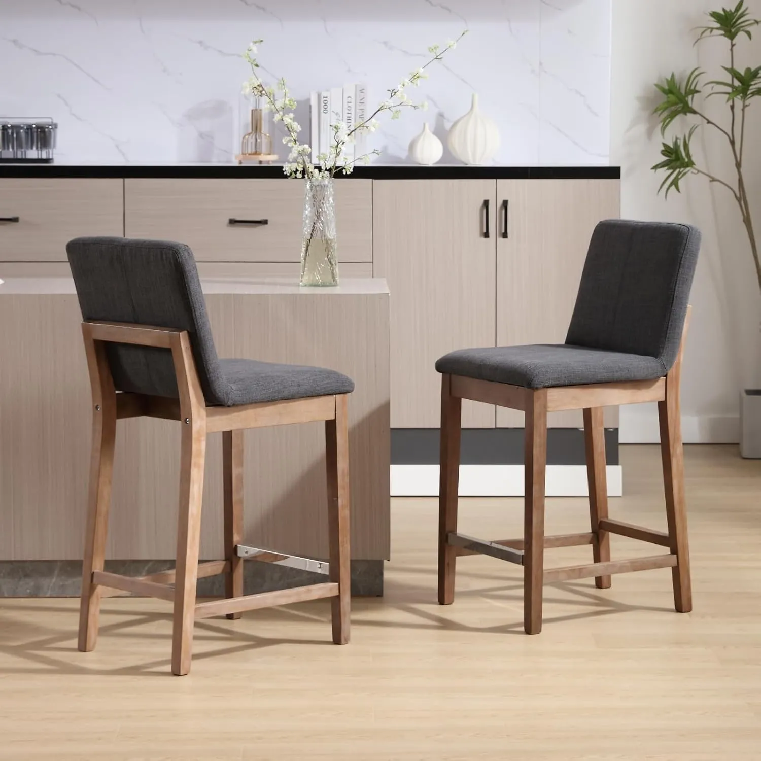 Counter Height Bar Stools Set of 2 Linen Upholstered Kitchen Island Stools with Back and Distressed Wood Legs 26" Mid Century Breakfast Stool Chairs for Home Bar/Patio, Charcoal