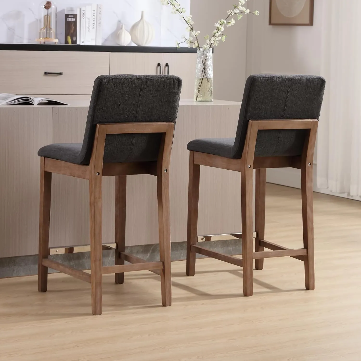 Counter Height Bar Stools Set of 2 Linen Upholstered Kitchen Island Stools with Back and Distressed Wood Legs 26" Mid Century Breakfast Stool Chairs for Home Bar/Patio, Charcoal