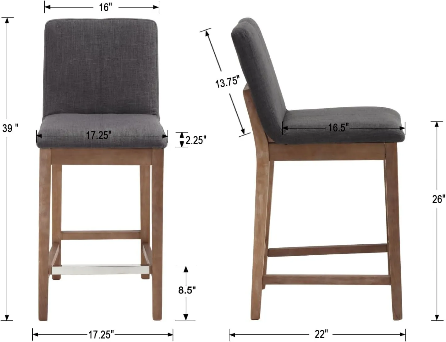 Counter Height Bar Stools Set of 2 Linen Upholstered Kitchen Island Stools with Back and Distressed Wood Legs 26" Mid Century Breakfast Stool Chairs for Home Bar/Patio, Charcoal