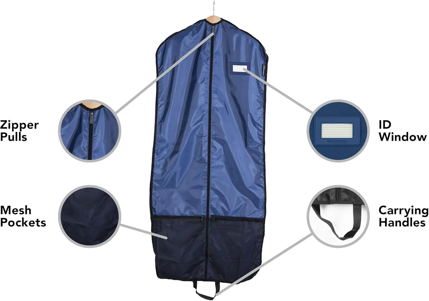 Covermates Keepsakes Deluxe Garment Bag Set - Premium Polyester - Full Length Zipper - ID Window - Carrying Handles - Stowaway Pouch - Closet Storage, Blue