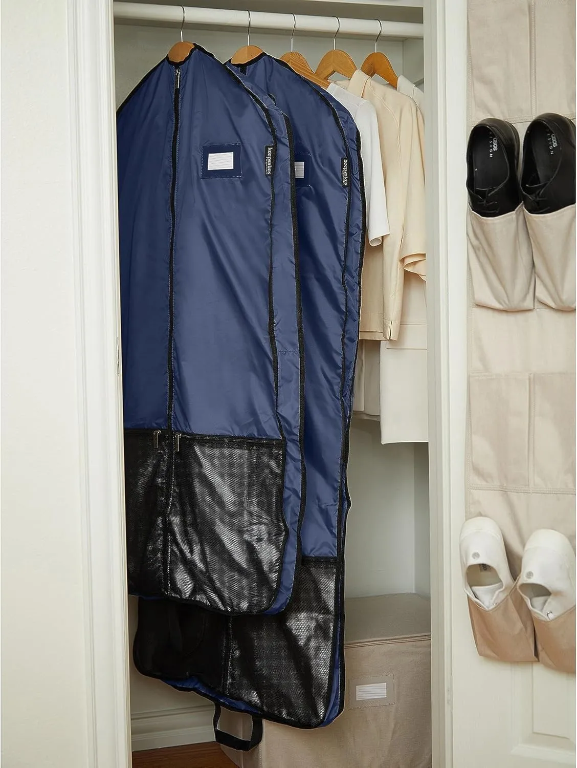 Covermates Keepsakes Deluxe Garment Bag Set - Premium Polyester - Full Length Zipper - ID Window - Carrying Handles - Stowaway Pouch - Closet Storage, Blue
