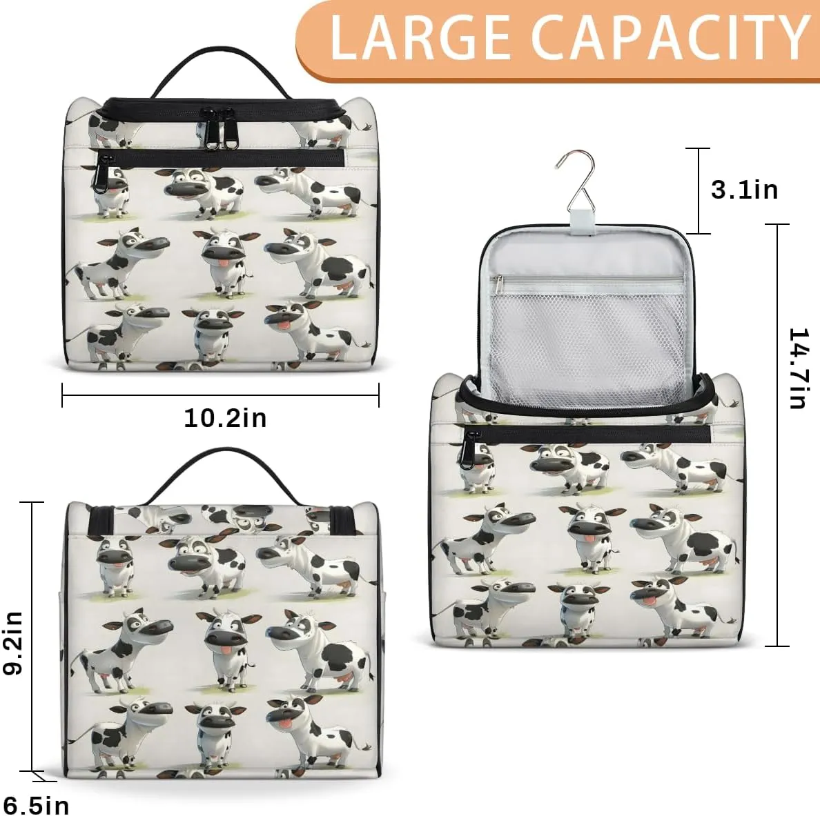 Cow Farm Animal Travel Toiletry Bag for Men and Women, Large Hanging Makeup Bag Organizer Toiletries Bag for Travel, Cosmetic Bag with Handle