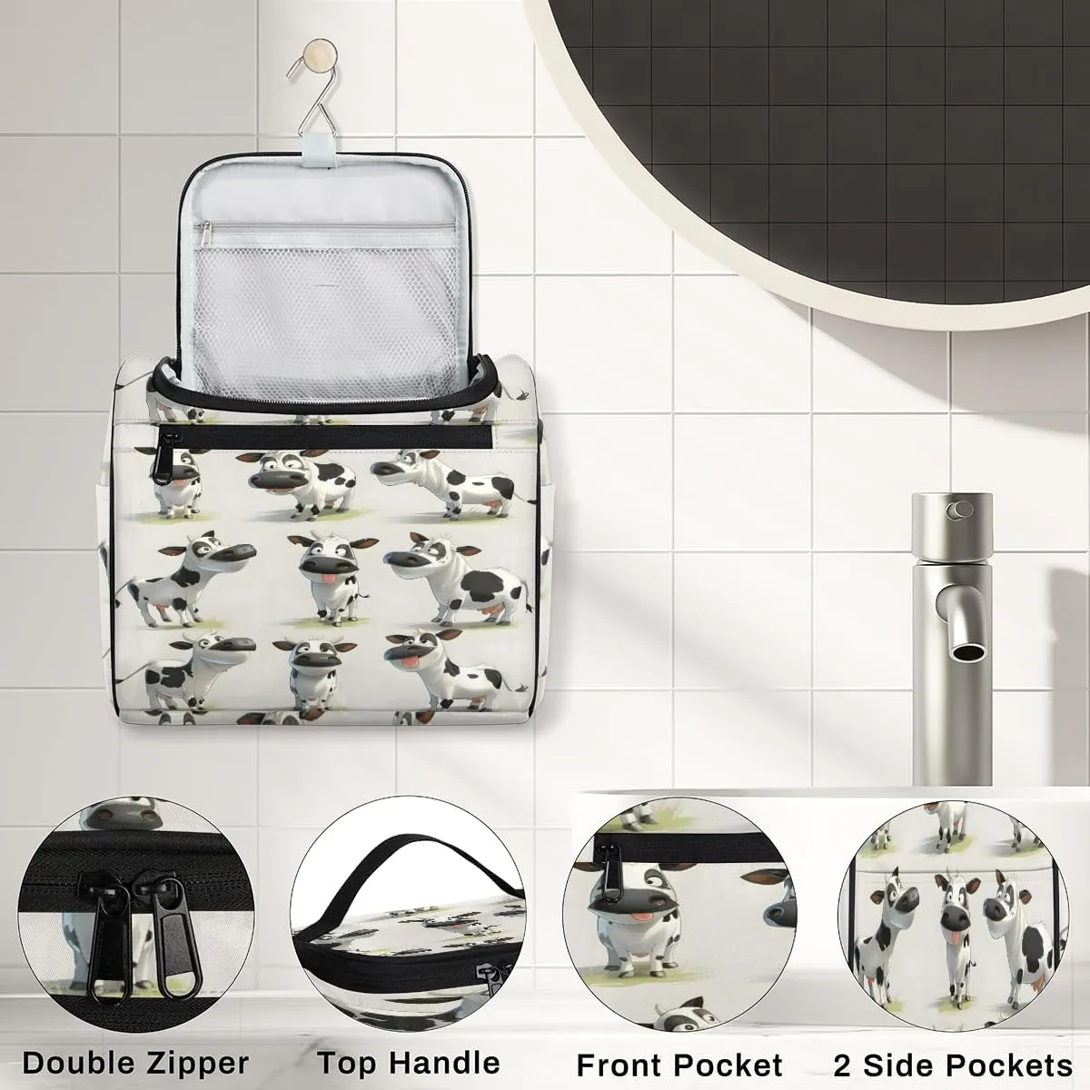 Cow Farm Animal Travel Toiletry Bag for Men and Women, Large Hanging Makeup Bag Organizer Toiletries Bag for Travel, Cosmetic Bag with Handle