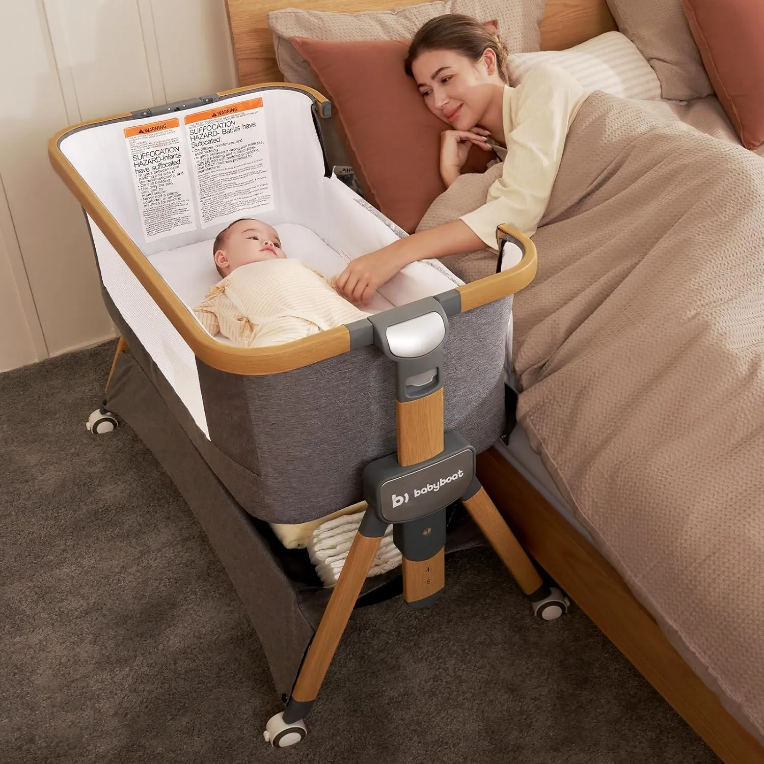 Cozy2 Baby Bedside Bassinet Sleeper Portable Travel Bassinet with Bigger Wheels 3 in 1 Bassinet Crib with Mattress, Storage Basket 5 Height Adjustable Crib for Baby - Wood Grain