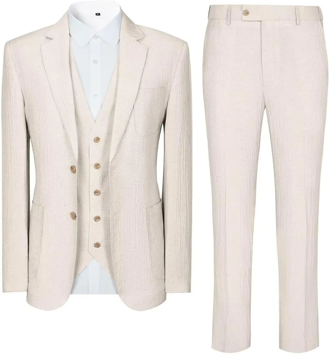 Crinkle Linen Men Suit 3 Piece Slim Fit Mens Linen Suits Blazer Jackets Vest Pants Set Wedding Prom Tuxedo Outfit