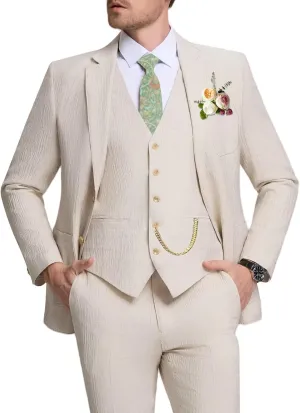 Crinkle Linen Men Suit 3 Piece Slim Fit Mens Linen Suits Blazer Jackets Vest Pants Set Wedding Prom Tuxedo Outfit