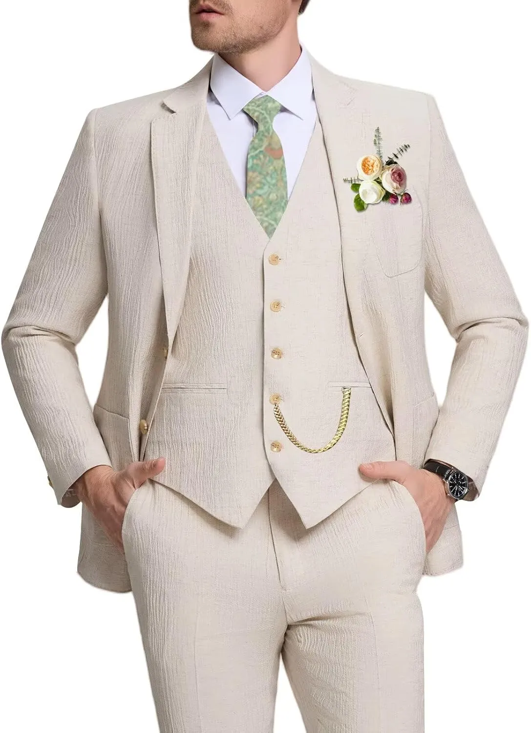 Crinkle Linen Men Suit 3 Piece Slim Fit Mens Linen Suits Blazer Jackets Vest Pants Set Wedding Prom Tuxedo Outfit