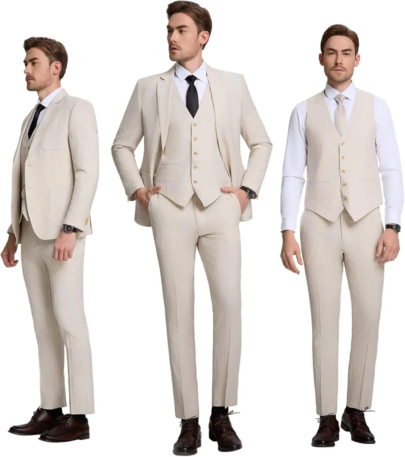 Crinkle Linen Men Suit 3 Piece Slim Fit Mens Linen Suits Blazer Jackets Vest Pants Set Wedding Prom Tuxedo Outfit
