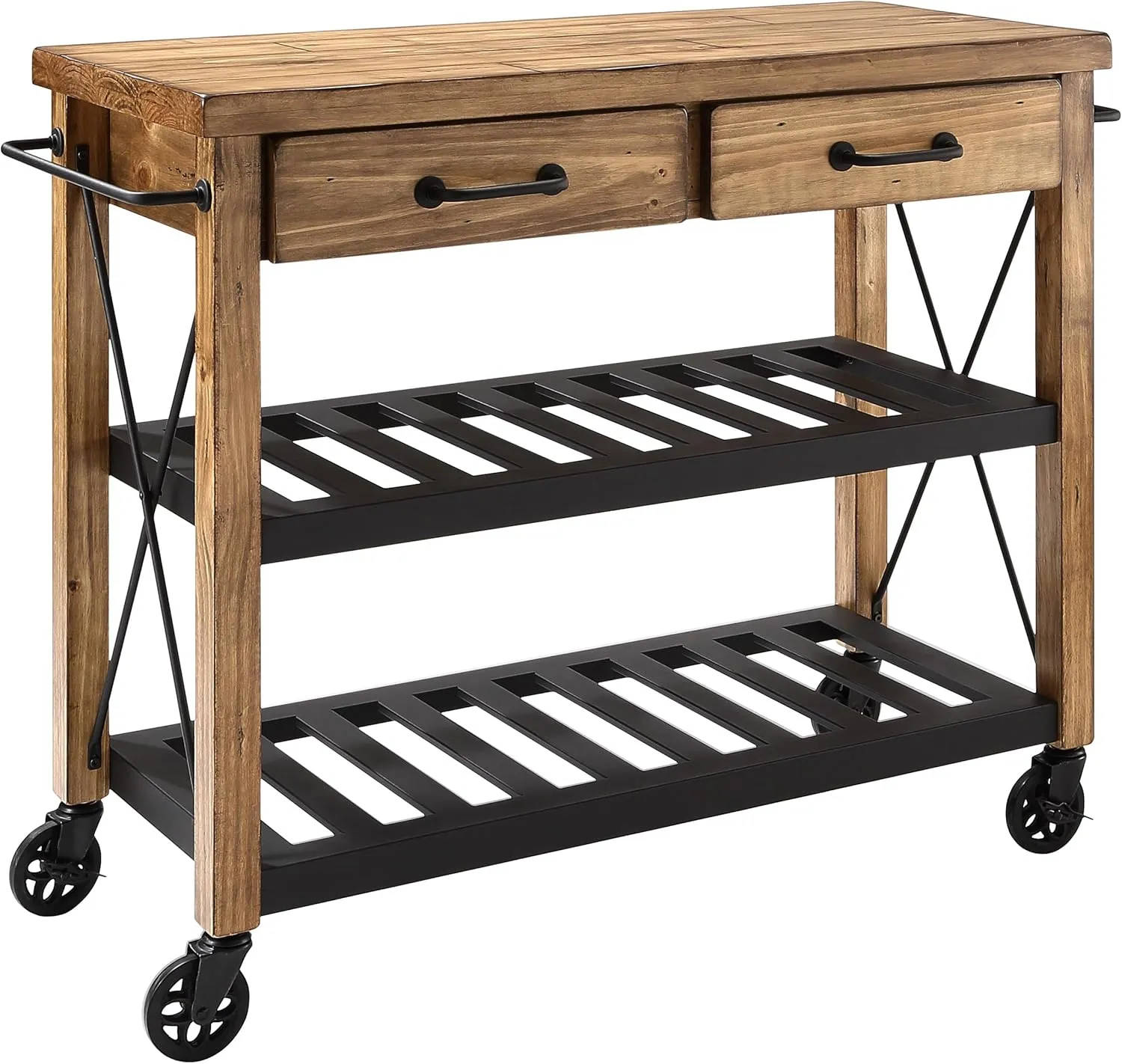 Crosley Furniture Roots Rolling Cart and Kitchen Island, Microwave Stand, with Storage Shelves and Drawers, Natural