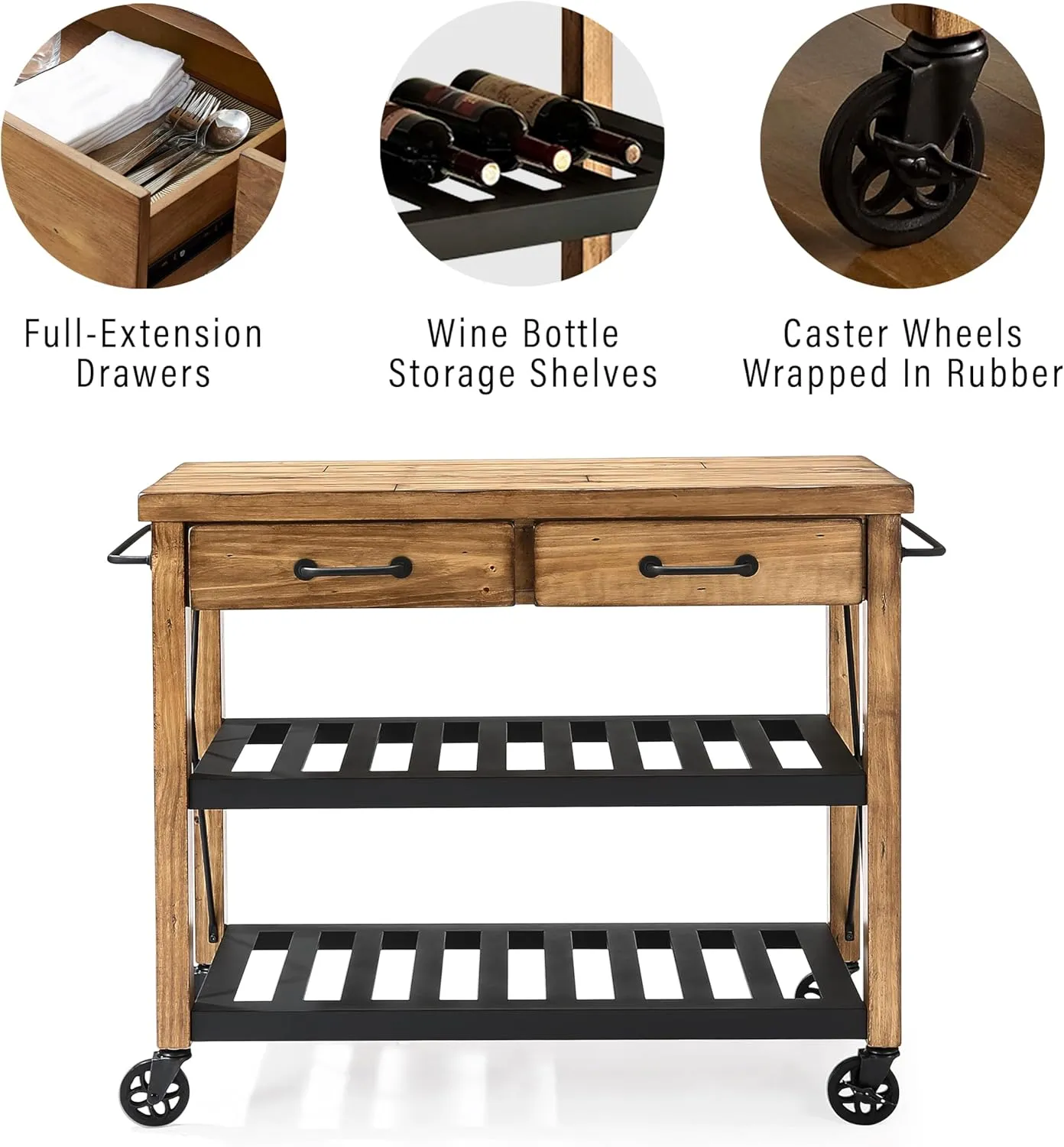 Crosley Furniture Roots Rolling Cart and Kitchen Island, Microwave Stand, with Storage Shelves and Drawers, Natural
