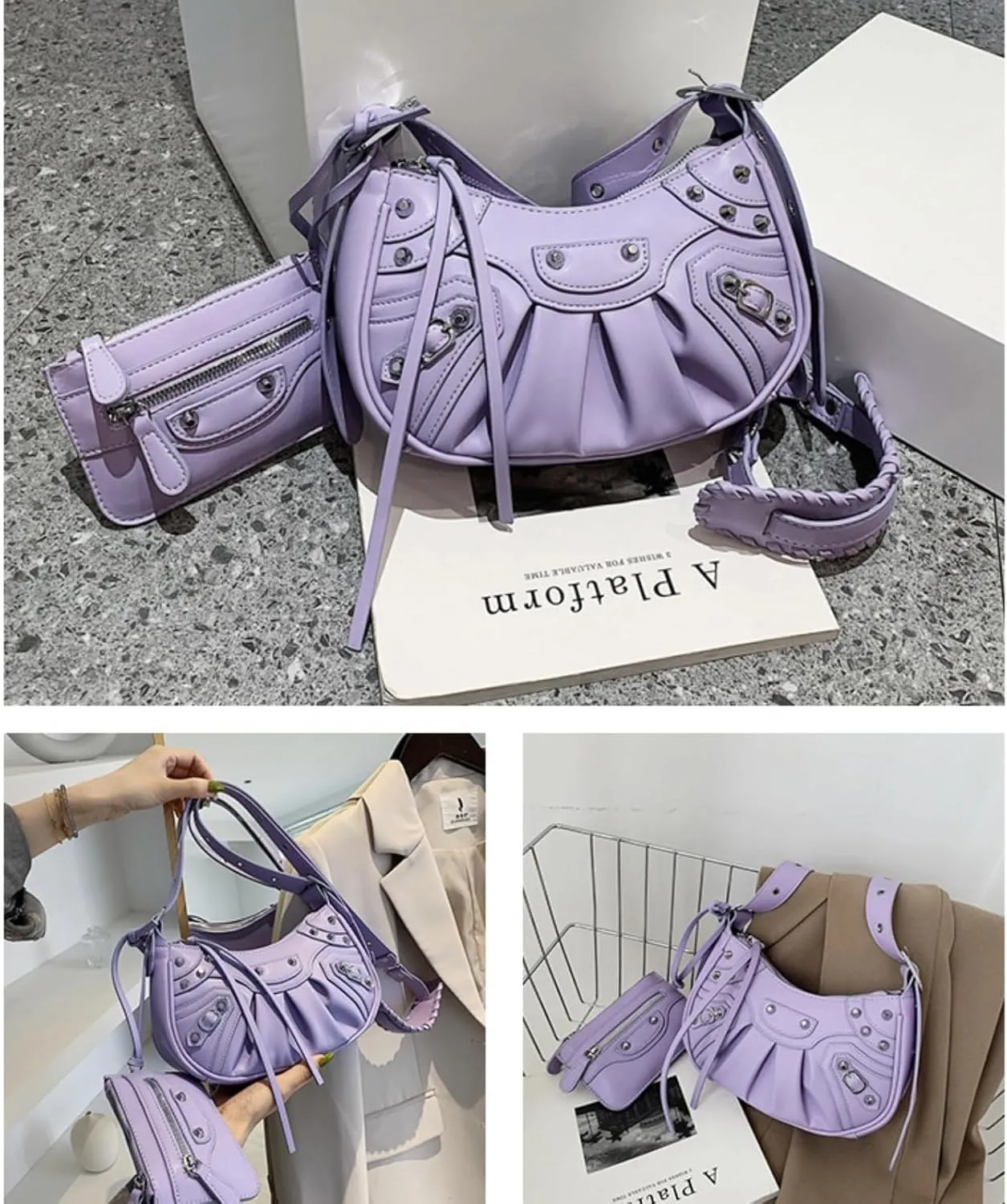 Crossbody Bags For Women 2 Set with Small Purse Rivet Shoulder Bag Adjustable Strap PU Leather Trendy Handbags