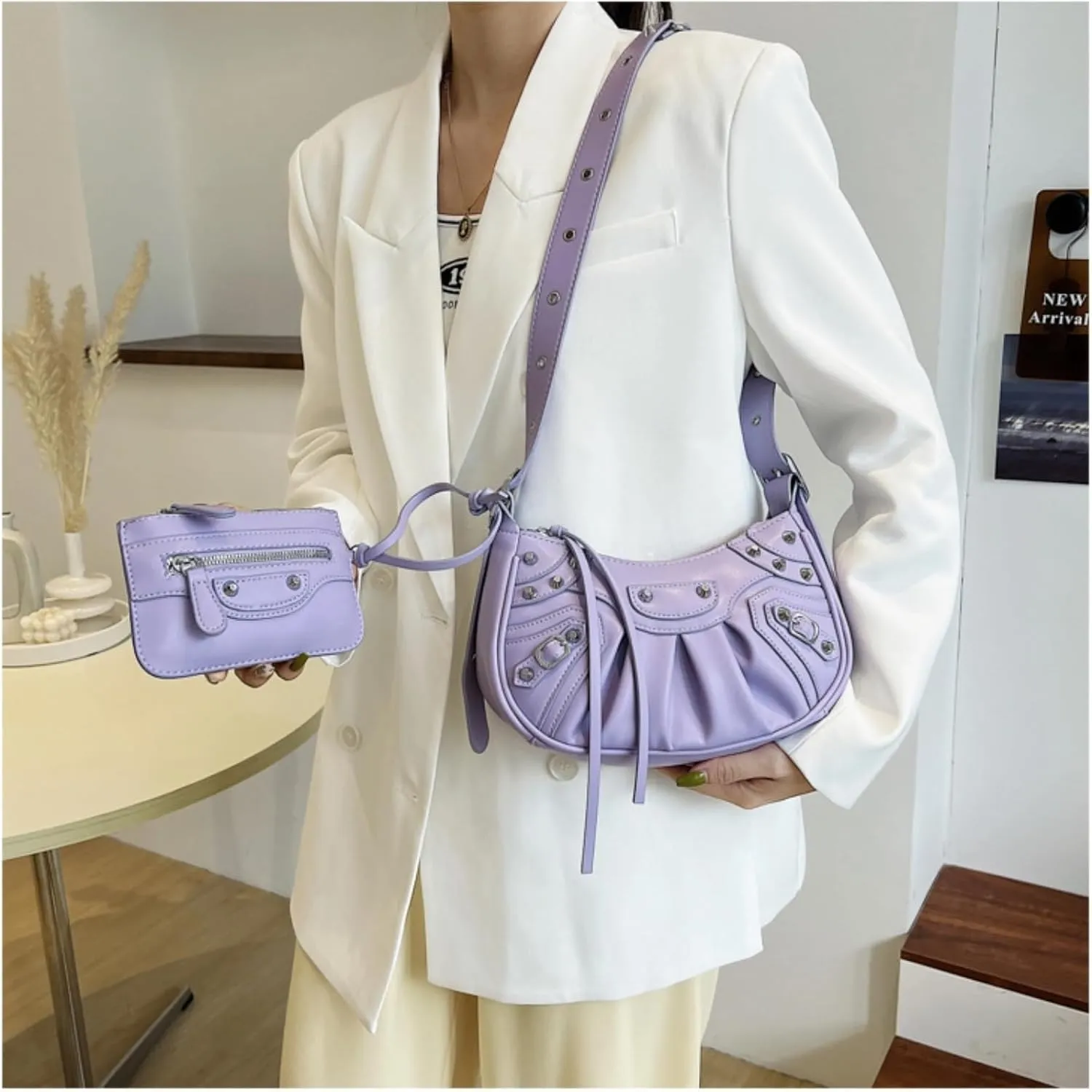 Crossbody Bags For Women 2 Set with Small Purse Rivet Shoulder Bag Adjustable Strap PU Leather Trendy Handbags
