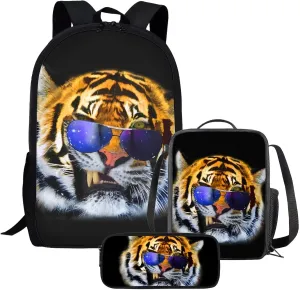 Cumagical 3D Animal Tiger Print Lightweight Backpack Bookbags Outdoor Travel Laptop Daypack 3 Pieces Set With Lunch Bag, Pencil Bag