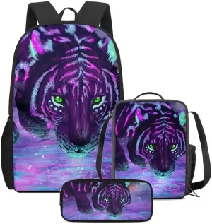 Cumagical Kids Backpack Purple Tiger Print Lightweight Daypack Set 3 Pieces with Lunch Bag Pencil Case for Kids Girls Boys