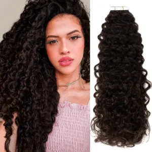 Curly Kinky Curly Tape in Hair Extensions 16inch Dark Brown Color 2 Jerry Curly Real Human Hair Tape in Extensions for Black Women Invisible Tape on Extensions 50g