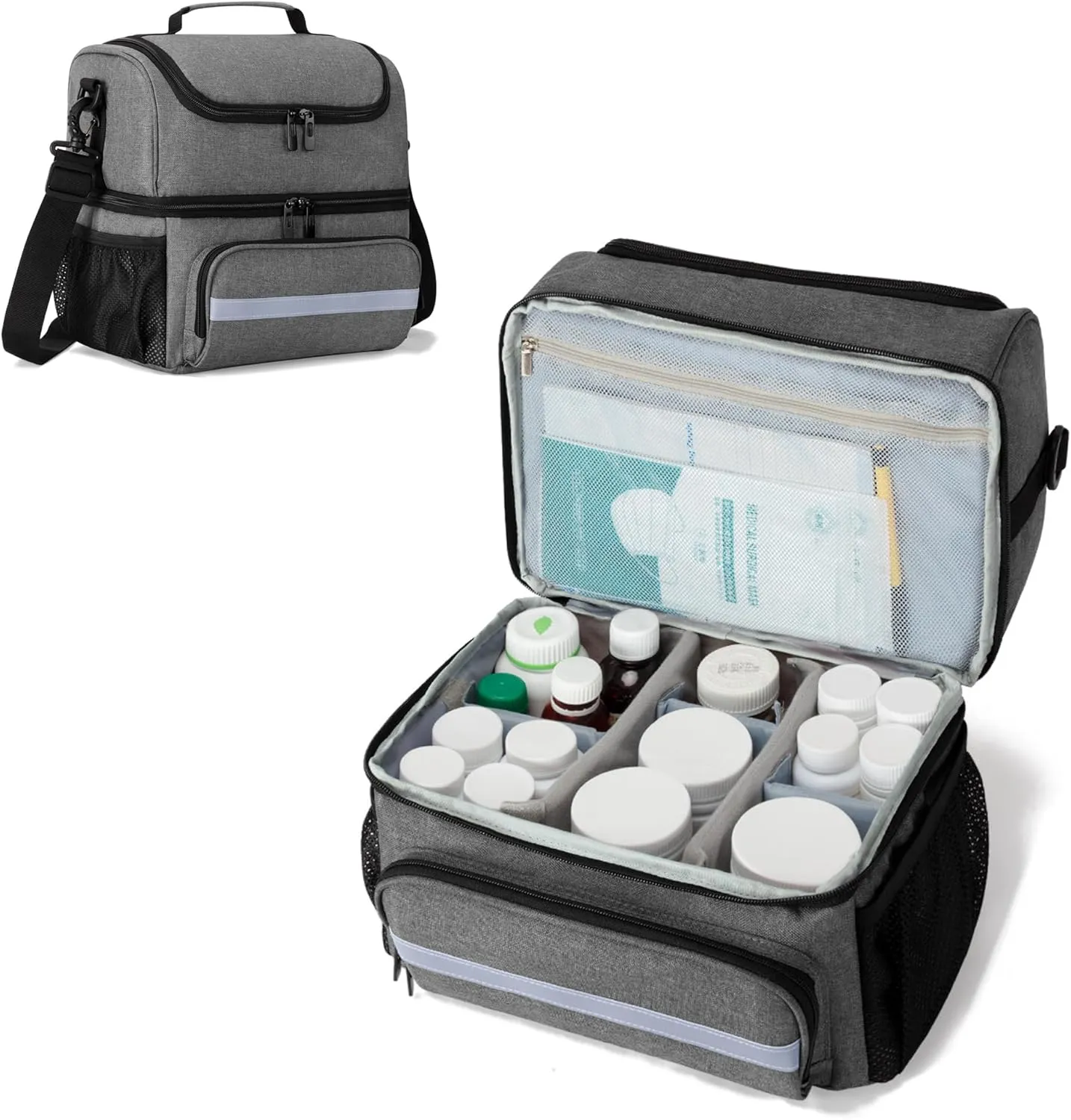 CURMIO Double Layers Medicine Storage Bag, Pill Bottle Organizer Bag with Inner Dividers, Medication Travel Bag for Vitamins, Supplements, Prescription Bottles, Medical Supplies, Gray (Patent Design)