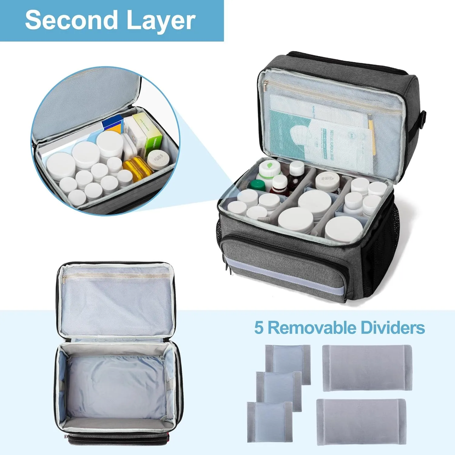 CURMIO Double Layers Medicine Storage Bag, Pill Bottle Organizer Bag with Inner Dividers, Medication Travel Bag for Vitamins, Supplements, Prescription Bottles, Medical Supplies, Gray (Patent Design)