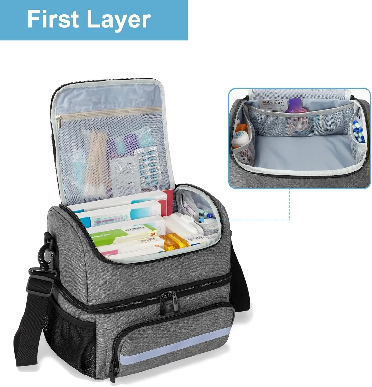 CURMIO Double Layers Medicine Storage Bag, Pill Bottle Organizer Bag with Inner Dividers, Medication Travel Bag for Vitamins, Supplements, Prescription Bottles, Medical Supplies, Gray (Patent Design)