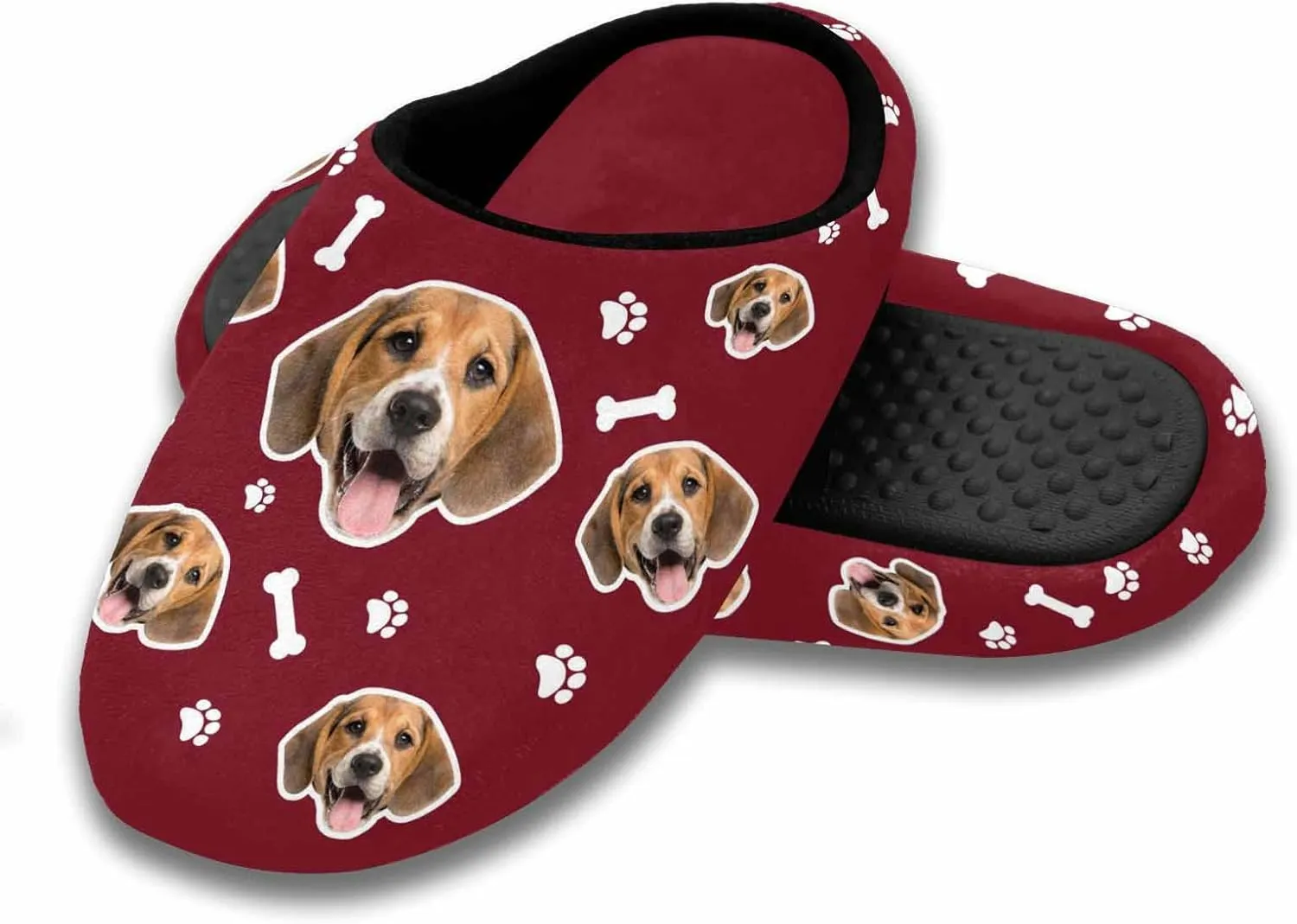 Custom Men's Warm Cotton Slippers with Face Photo Personalized Dog Paws & Bones Soft House Slippers with Anti Slip Sole for Son Husband Boys (L)