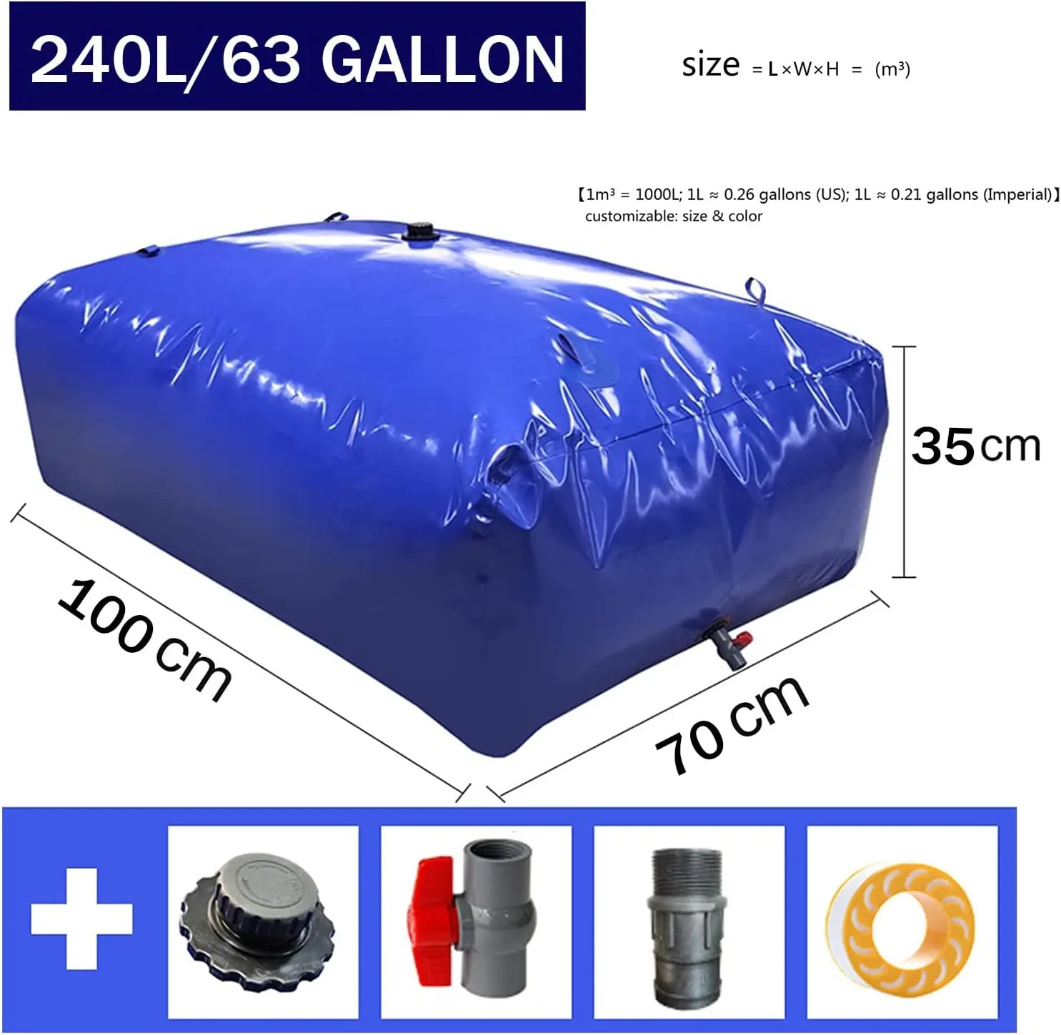 Customizable Outdoor Flexible rainwater Bag, Large-Capacity Water Storage Bag,Potable Water Storage Water Storage Bladder, Household Drinking Water Storage Container ( Size : 1x0.7x0.35m/240 L/63 gall