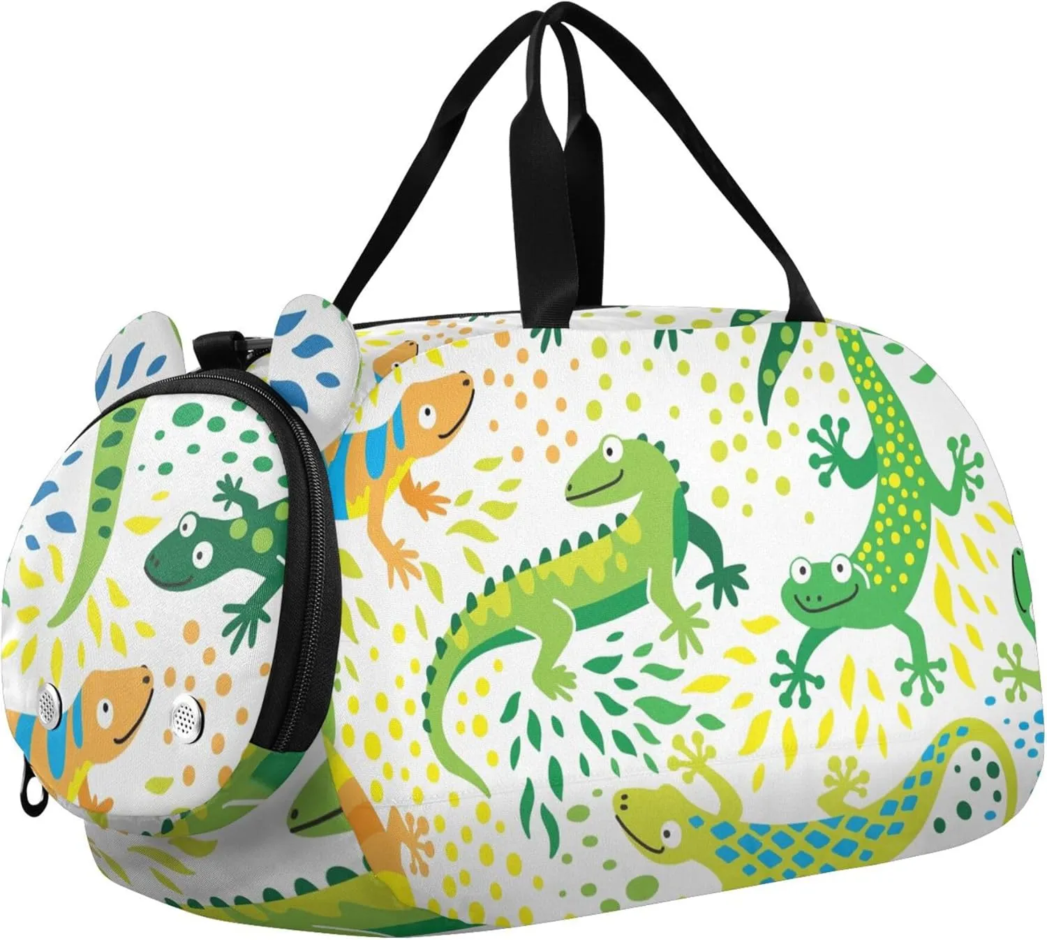 Cute and Funny Green Lizard Sports Duffle Bag for Girls Boys, Gym Bag with Shoe Compartment, Kids Travel Overnight Weekender Shoulder Bag