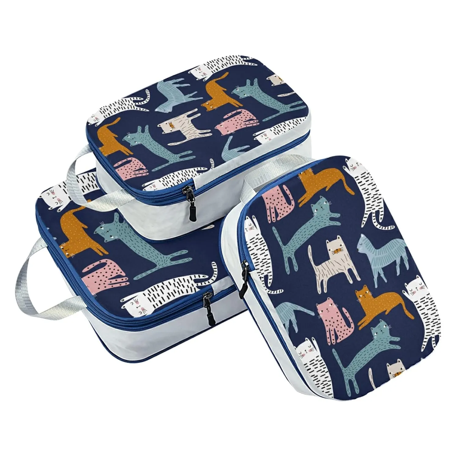Cute Colorful Cats Creative Childish Cats on Dark Blue 3 Piece set Cubes Expandable Adjustable Luggage Packing Bags, Ultralight Organizer Accessories Travel Suitcase Compressible Bags
