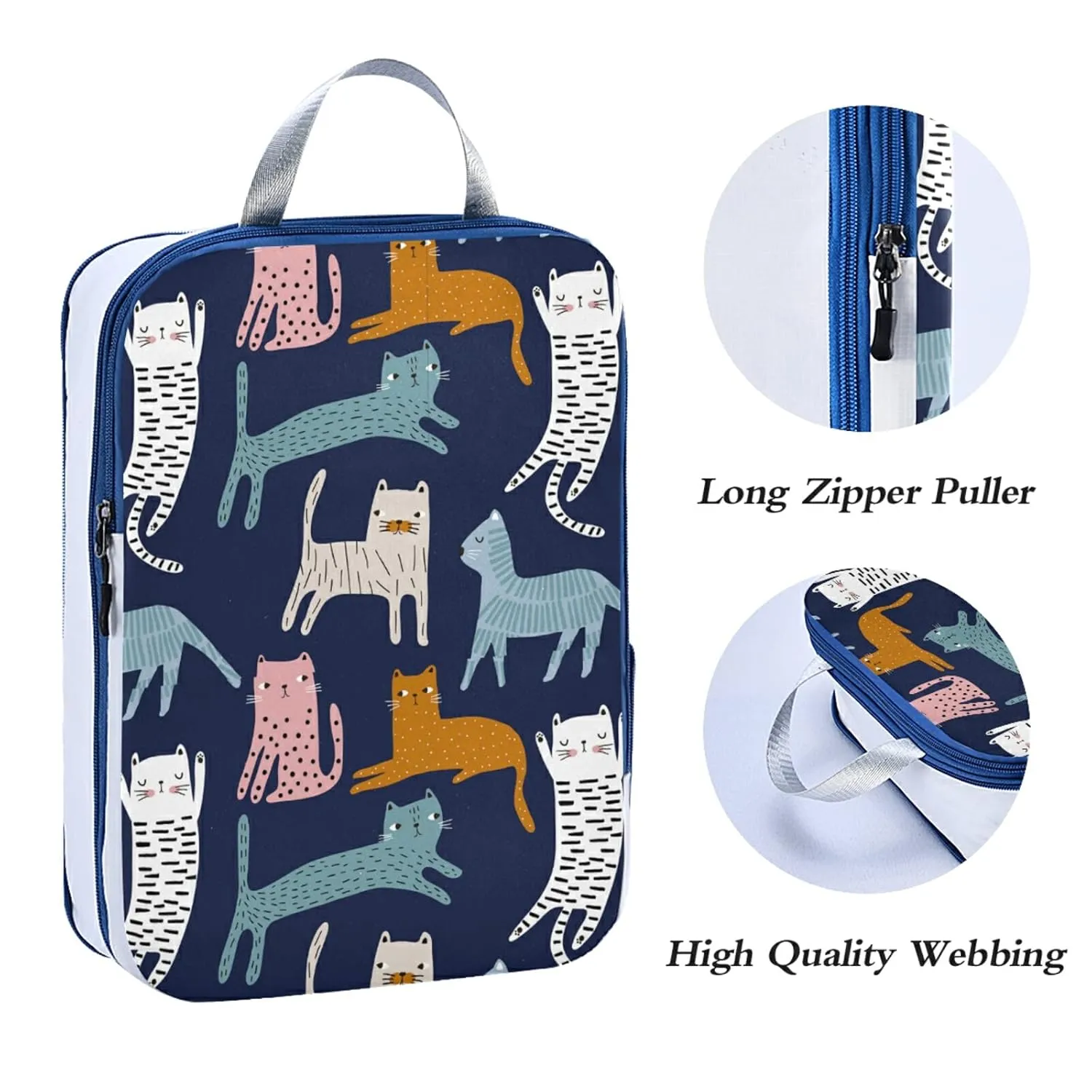 Cute Colorful Cats Creative Childish Cats on Dark Blue 3 Piece set Cubes Expandable Adjustable Luggage Packing Bags, Ultralight Organizer Accessories Travel Suitcase Compressible Bags