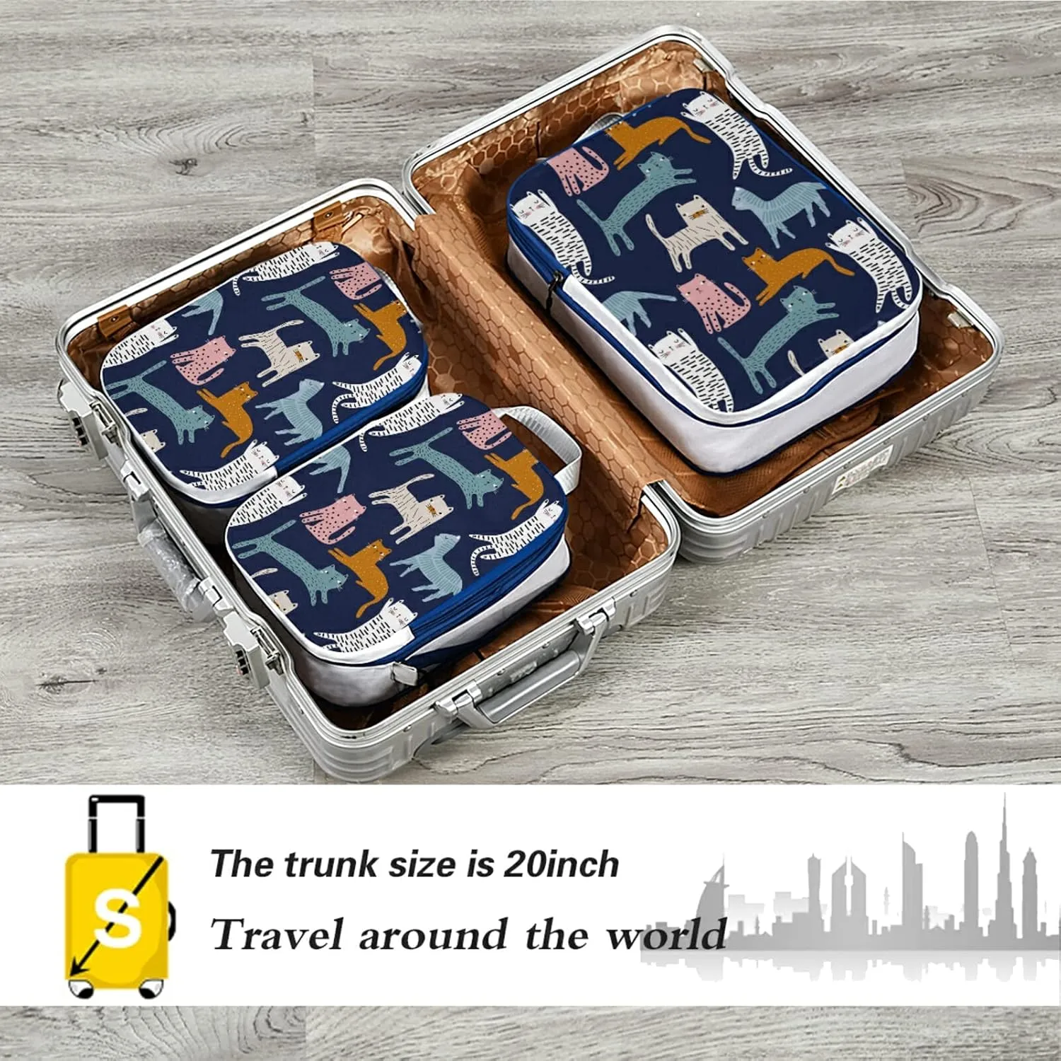 Cute Colorful Cats Creative Childish Cats on Dark Blue 3 Piece set Cubes Expandable Adjustable Luggage Packing Bags, Ultralight Organizer Accessories Travel Suitcase Compressible Bags