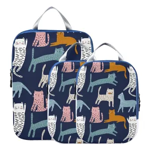 Cute Colorful Cats Creative Childish Cats on Dark Blue 3 Piece set Cubes Expandable Adjustable Luggage Packing Bags, Ultralight Organizer Accessories Travel Suitcase Compressible Bags